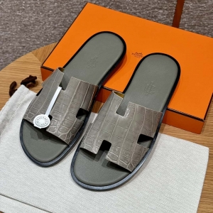 深圳高仿爱马仕男士拖鞋HERMES 182 -Lzmir Men’s slippers男士拖鞋 斑鸠灰/ck81/配锡器灰垫脚 alligator/鳄鱼