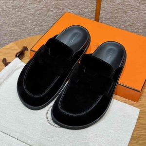 武汉高仿一比一爱马仕穆勒鞋 HERMES 190 Go 穆勒鞋 黑色/Noir 麂皮小牛皮/Suede calf leather